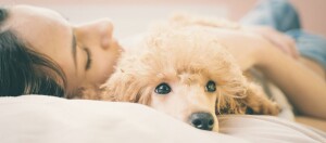 Eine Frau kuschelt mit ihrem Hund.