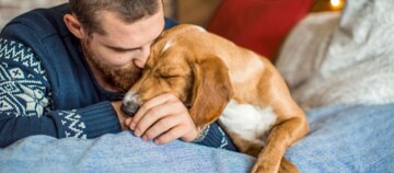 Ein Hund und sein Besitzer liegen auf dem Bett