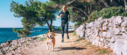 Mann und Hund joggen am Wasser entlang