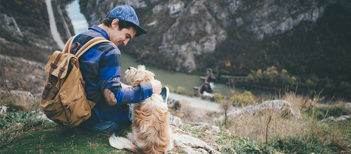Mann und Hund sitzen auf einem Berg Mann und Hund sitzen auf einem Berg