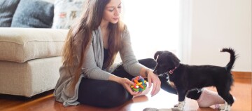 Eine Frau spielt mit einem Welpen