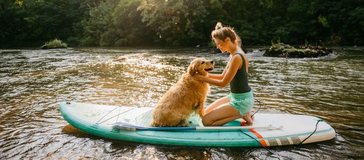 Hund sitzt mit seinem Herrchen auf einem Paddelboot Hund sitzt mit seinem Herrchen auf einem Paddelboot