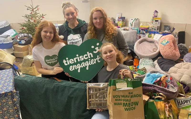 Vier Frauen umgeben von Weinachtsgeschenken für das Tierheim