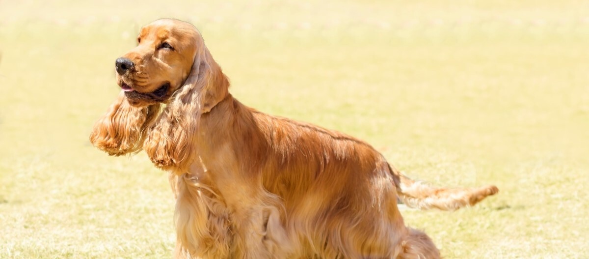 English Cocker Spaniel auf einer trockenen Wiese
